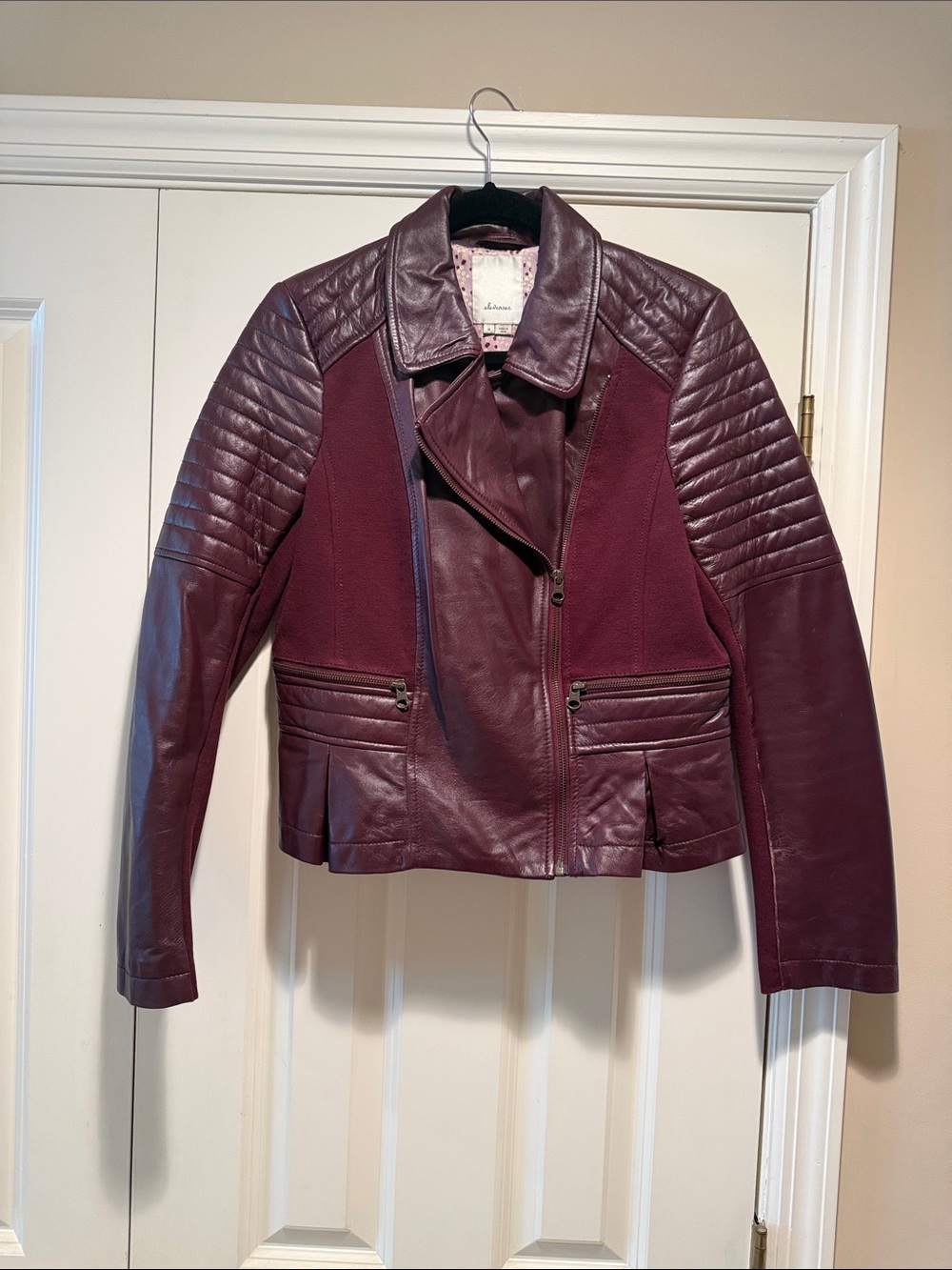 Anthropologie Elevenses Women’s Burgundy Leather Moto Jacket